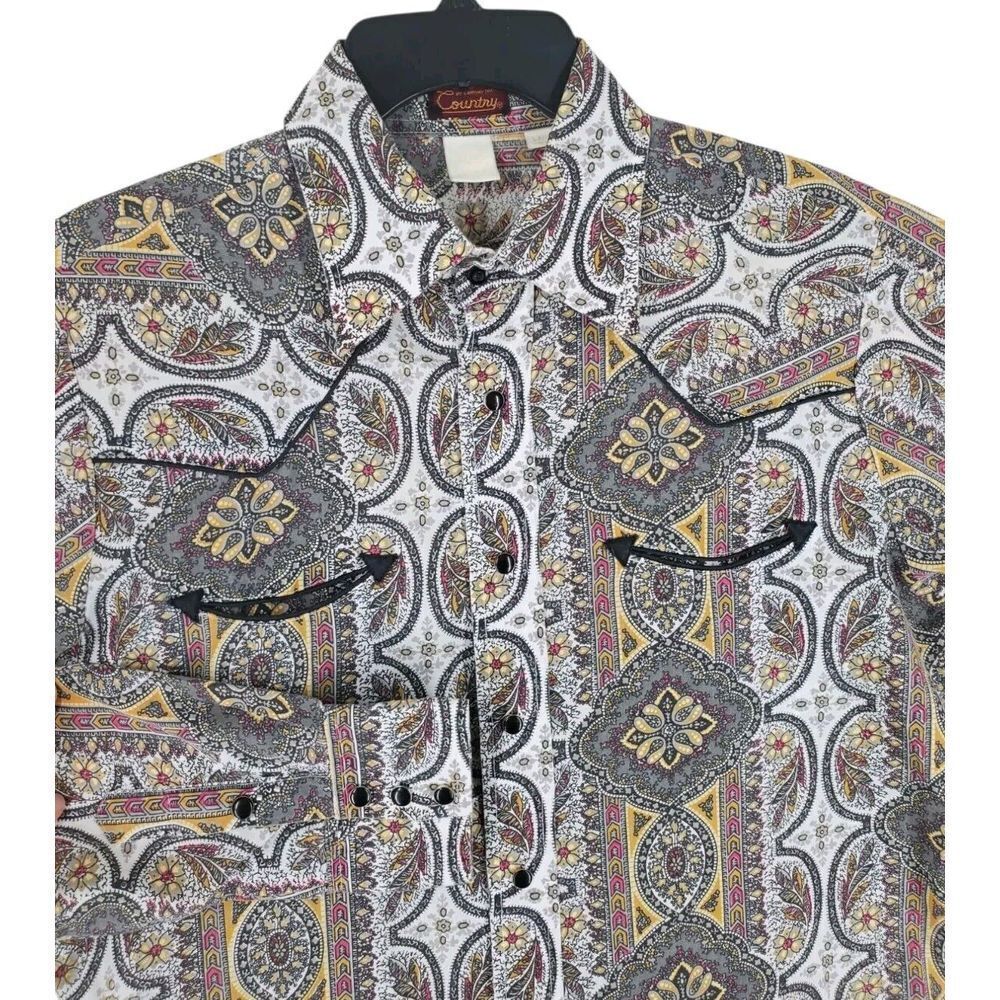Vtg Conway Twitty Country Shirt Men L Floral Mandela Gray Colorful Pearl Snap LS